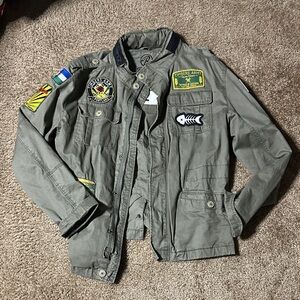 Men's Olive Military Field Jacket with Patches